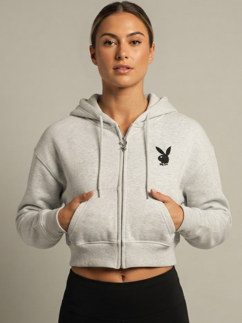 PLAYBOY Heather Gray Zip Front Cropped Hoodie Black Bunny Logo Size M